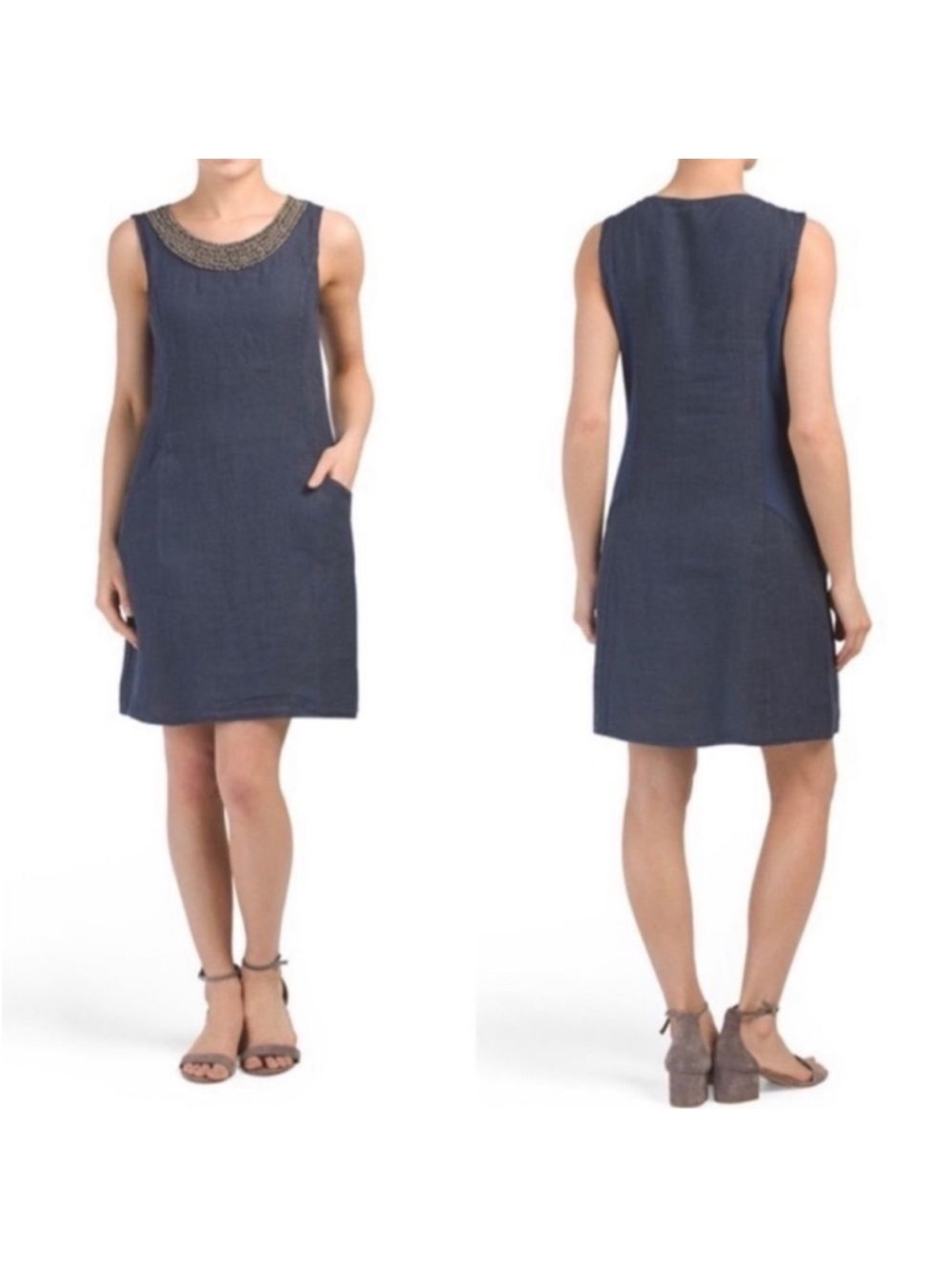 Lina Tomei Beaded Collar Sleeveless Linen Dress in Navy SZ L